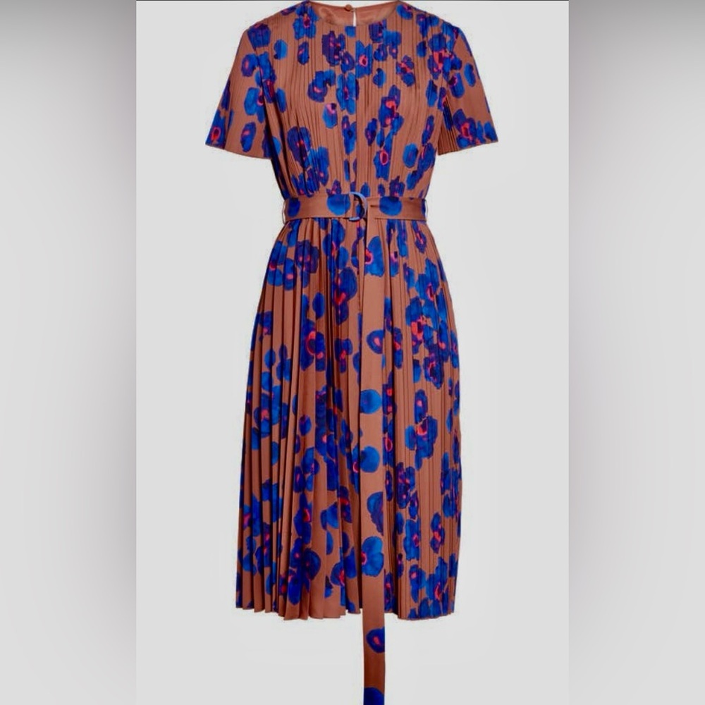 EUC BOSS Diplissee Floral Crepe Pleated Dress Terra Fantasy Size 10 Brown/Blue